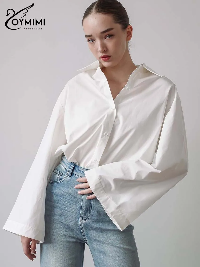 قمصان نسائية قطنية بيضاء عصرية من Oymimi قمصان أنيقة بياقة مقلوبة وأكمام طويلة بلوزات غير رسمية واحدة الصدر للسيدات #2