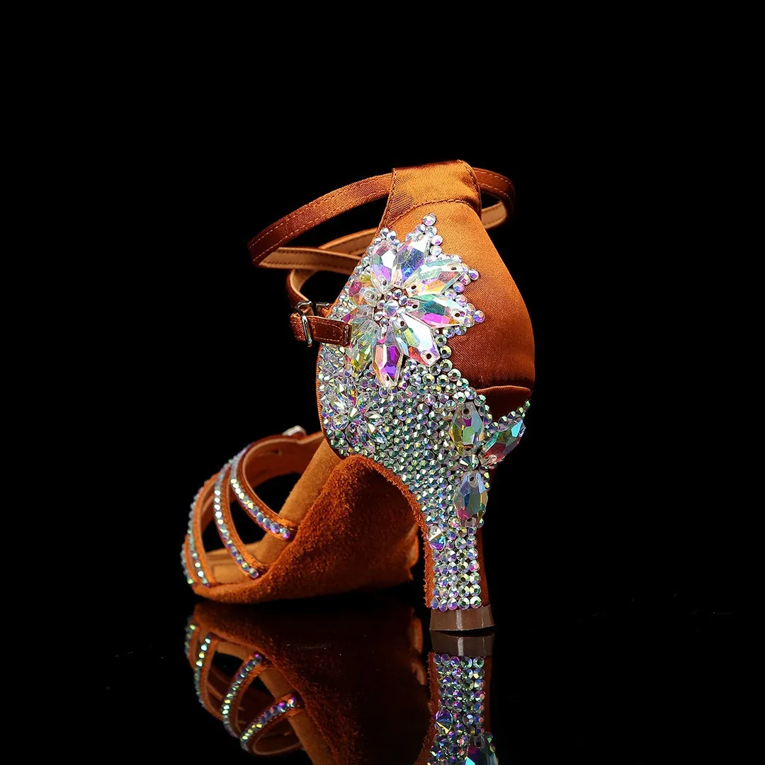 Sapatos de dança latina femininos adultos, novos saltos de strass de cetim 5/7/8cm, sapatos de dança de salto alto