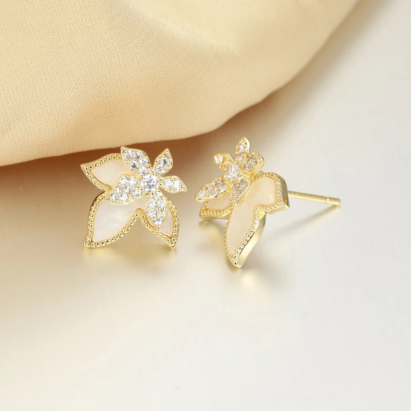 TKJ Leaf Shape Stud Earrings Gold Plating 925 Sterling Silver Zircon Double-layers Leaves Pierced Earrings Jewelry for Women