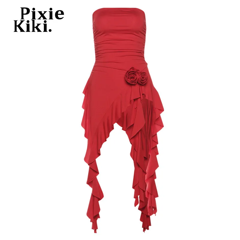 PixieKiki Flower-applique Ruffle Asymmetrical Dress Red Black Y2k Sexy  Strapless Short Dresses for Women Summer Clothes P94-CF24 - AliExpress  200000345