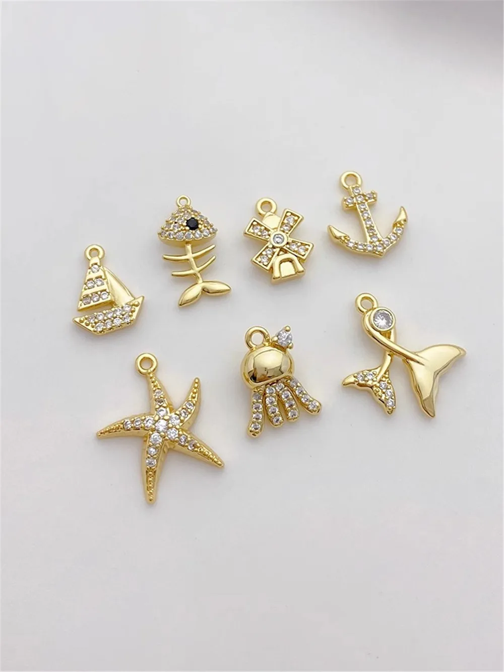 

14K Gold-Color Zirconium Starfish Sailboat Pendant Ocean Series Small Pendant DIY Bracelet Necklace Jewelry Material L537