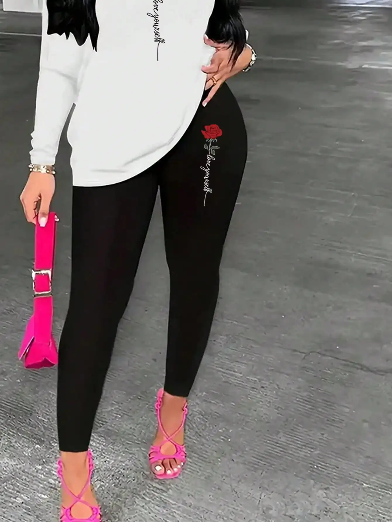 2026 Women's Casual Elegant Rose Printed Two Piece Solid Color Round Neck Long Sleeve T-shirt and Solid Color Printed Pants Set
