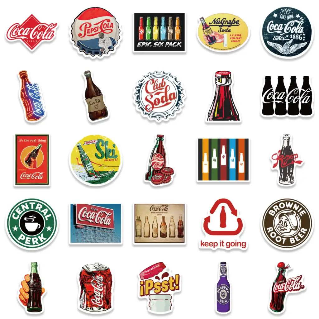 50PCS  Color Vintage Coke Bottle Stickers Personalized Decoration Luggage Compartment Notebook Waterproof Decals Stickers