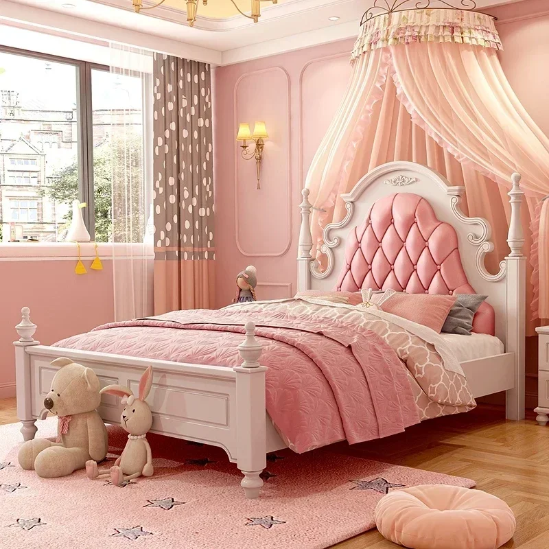 Princess Pretty Luxury Children's Bed American Wood Cute Pink Modern Children Bed Loft Villa Cama Infantil Bedroom Set Furniture