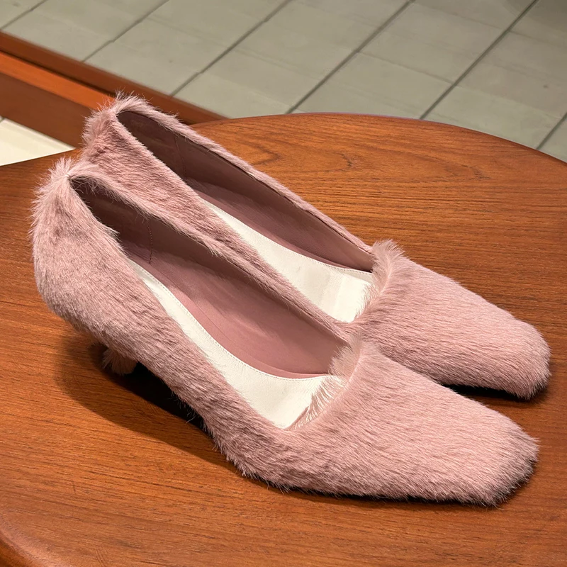 

Pink Fur Shallow Pumps Square Toe Kitten Heel Solid Sweet Slip On Women Dress High Heels Summer Autumn