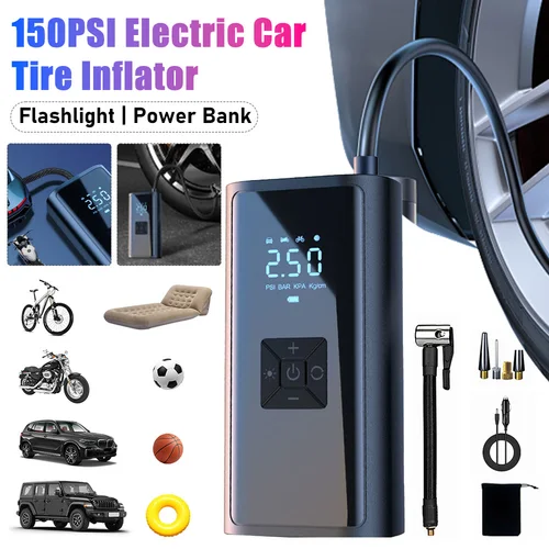 Inflador de neumáticos de coche eléctrico de 150PSI con luz LED, bomba de aire de 19CM, compresor de aire para bicicleta, recargable por USB para bola de bicicleta y coche