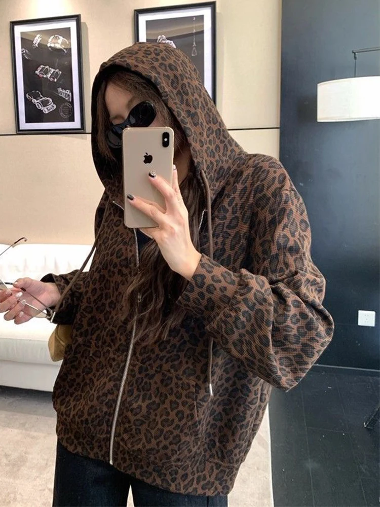 女性 Y2K ヒョウパーカーストリートルーズ原宿レトロスウェットシャツヒップホップ秋アメリカンヴィンテージ女性長袖トップス新しい