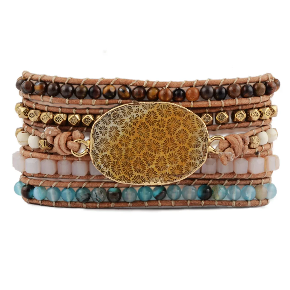 

Natural Jasper Stone Charm Bracelet Energy Healing Stone Leather Wrapped Bracelet for Men Women Jewelry