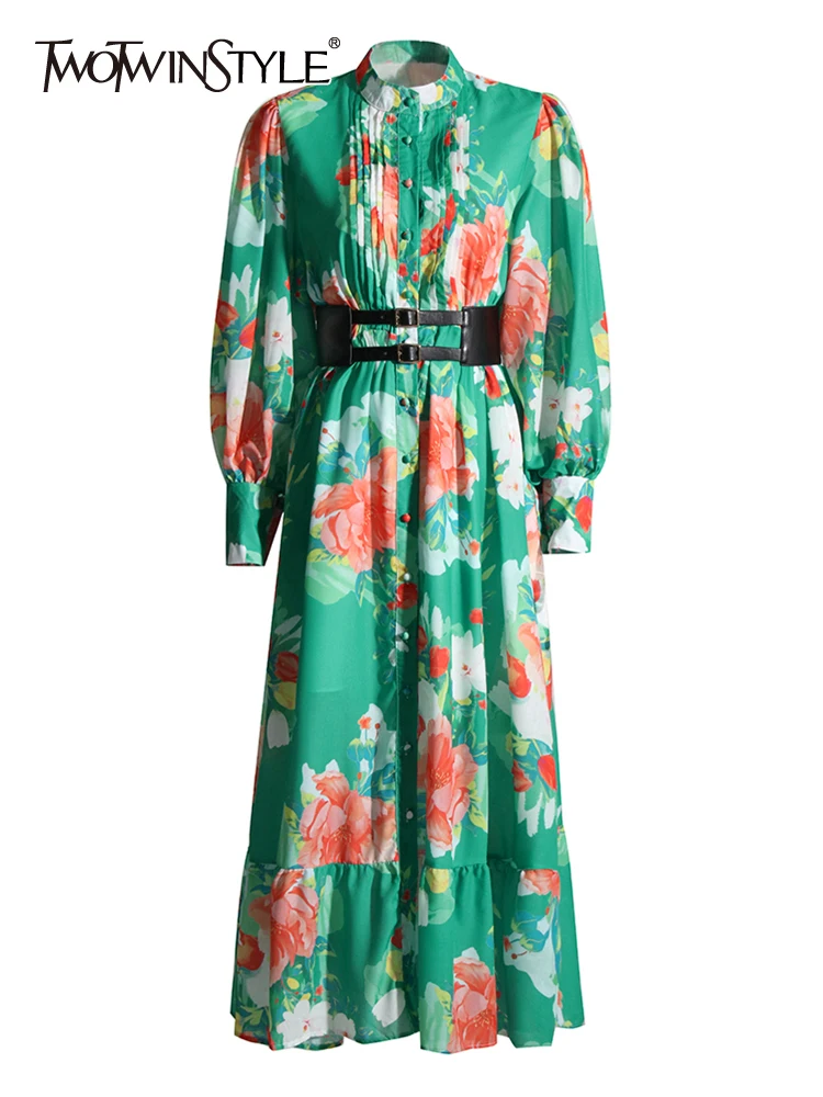 

TWOTWINSTYLE Vintage Long Dress For Women Stand Collar Lantern Sleeve High Waist Print Floral Midi Dresses Female Clothing Style