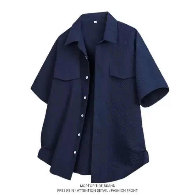 Summer New Men's Casual Bubble Shirt Short Sleeve Loose Fit  Neck Polyester Fiber Breathable Lightweight  Color