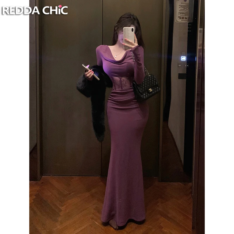 REDDACHiC-vestido calado de encaje para mujer y bufanda de piel sintética, tejido de manga larga con cuello vuelto, vestido largo ajustado, ropa Sexy de otoño