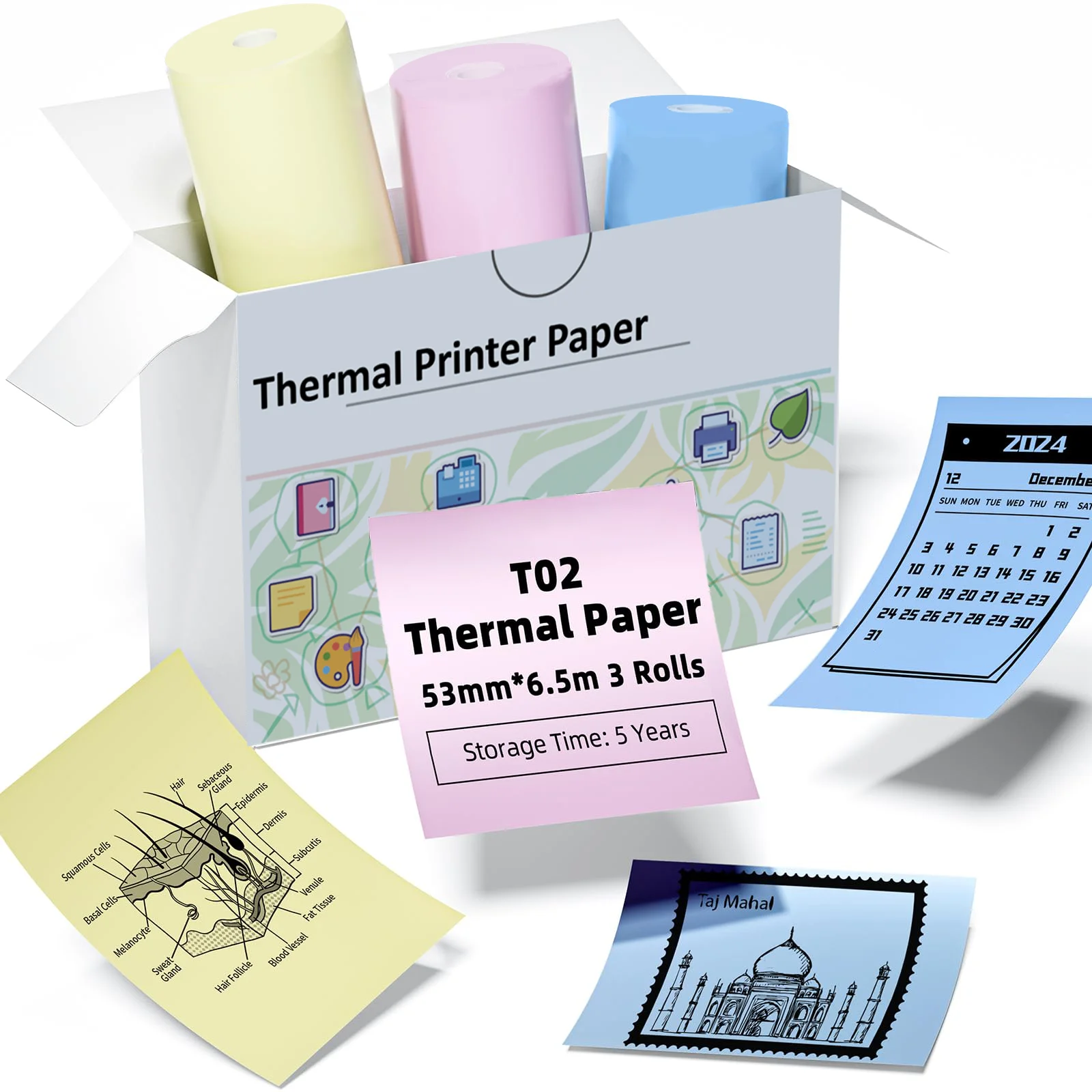 53mm 3-Pack Color Thermal Sticker Rolls - Adhesive/Plain, Mini Printer Paper for Notes, DIY Labels, Classroom Decor