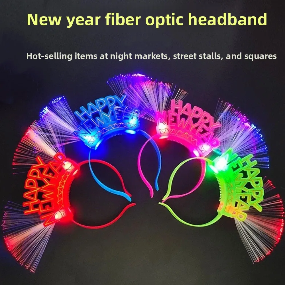 LED Glow 2026 Happy New Year Headband Photographic Headwear Number Letter LED Glow Hair Bands Plastic Optic Fiber Light Up