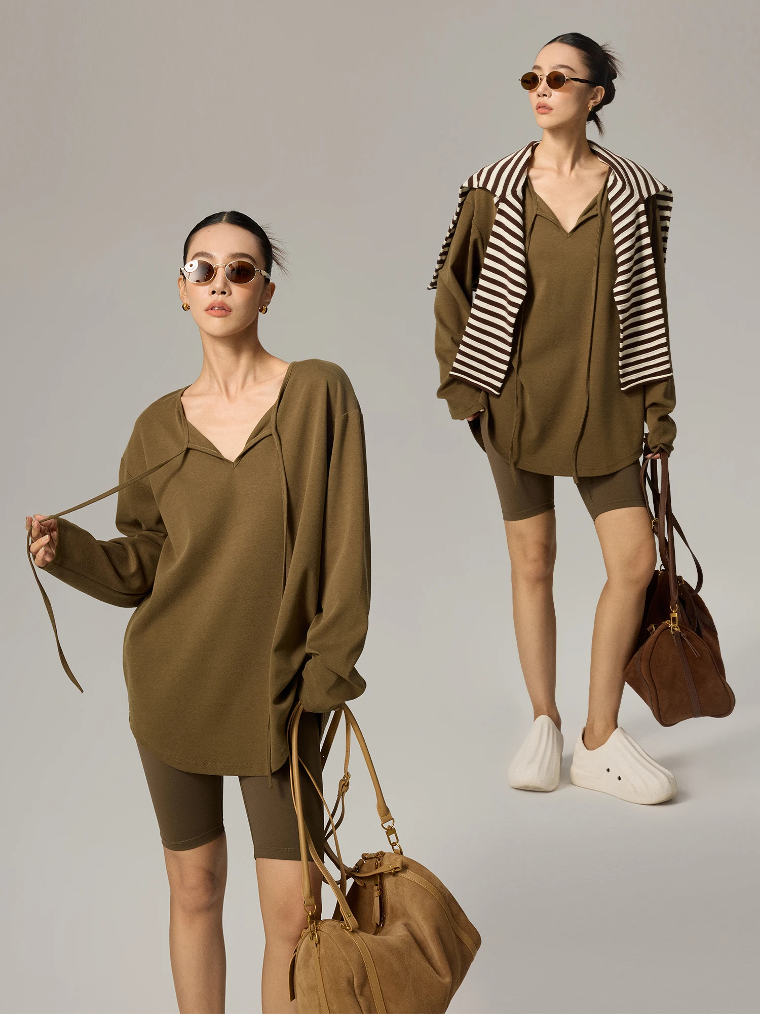 

ZzZHANG Women's Casual Long Sve T-irt V-ne Loose Fit Versatile Sle Comfortable Breathable Cotton Blend Top