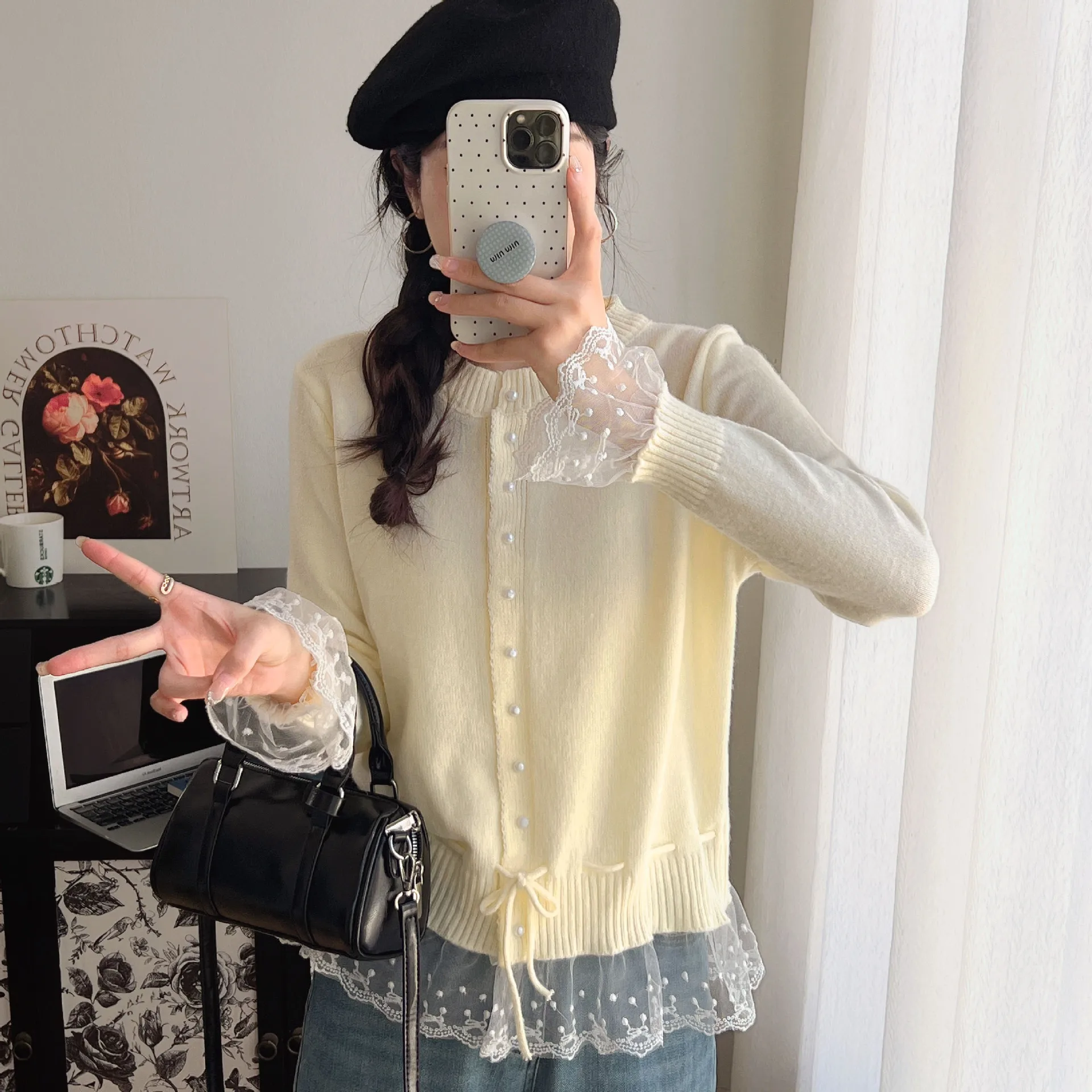 Koronkowy sweter patchworkowy dla kobiet Jesienno-zimowa nowa kolekcja Top z dzianiny z wąską talią