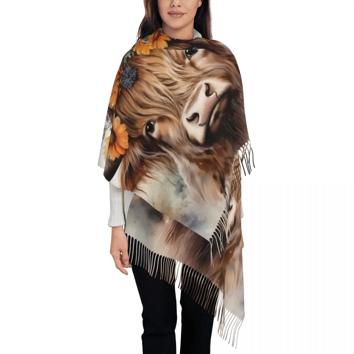 Custom Highland Cow And Flower Tassel Scarf Women Soft Shawls Wraps Ladies Winter Scarves