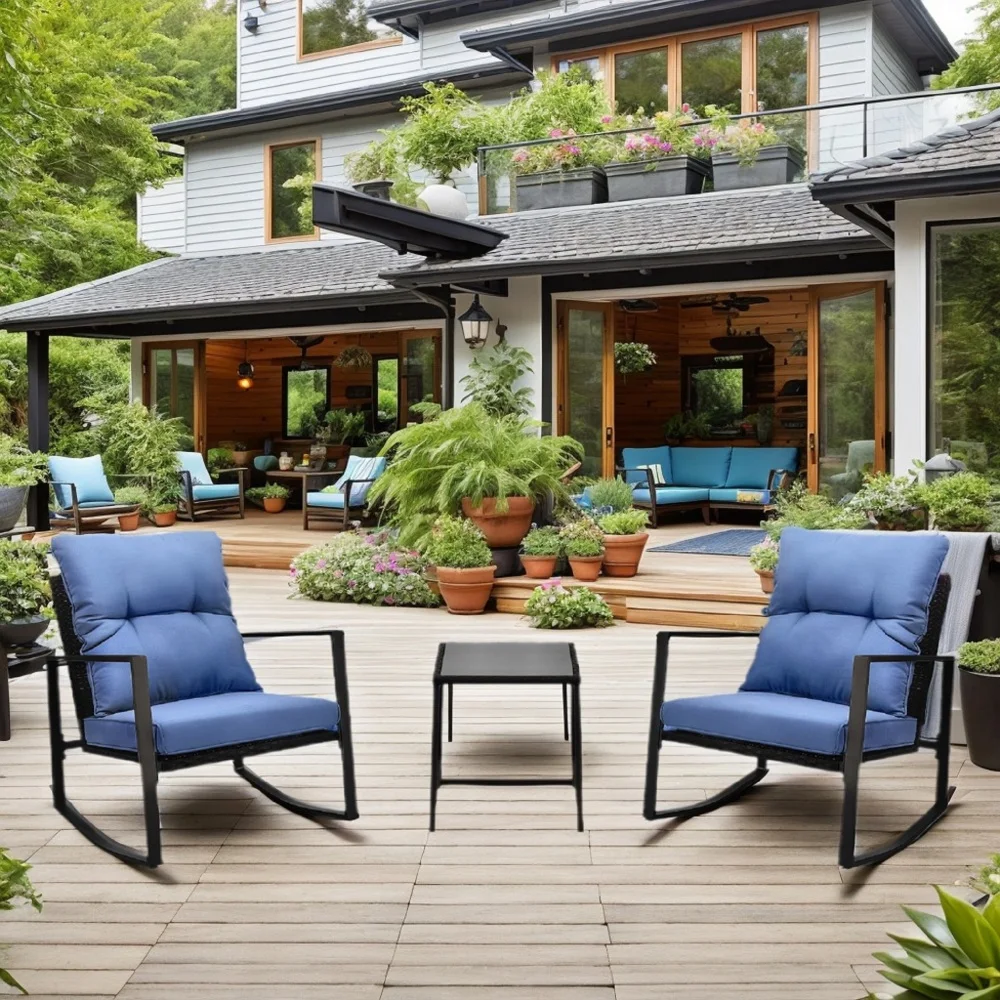 

3 Pieces Patio Bistro Set Outdoor Rocking Chair w Blue Cushion for Yard Garden Poolside