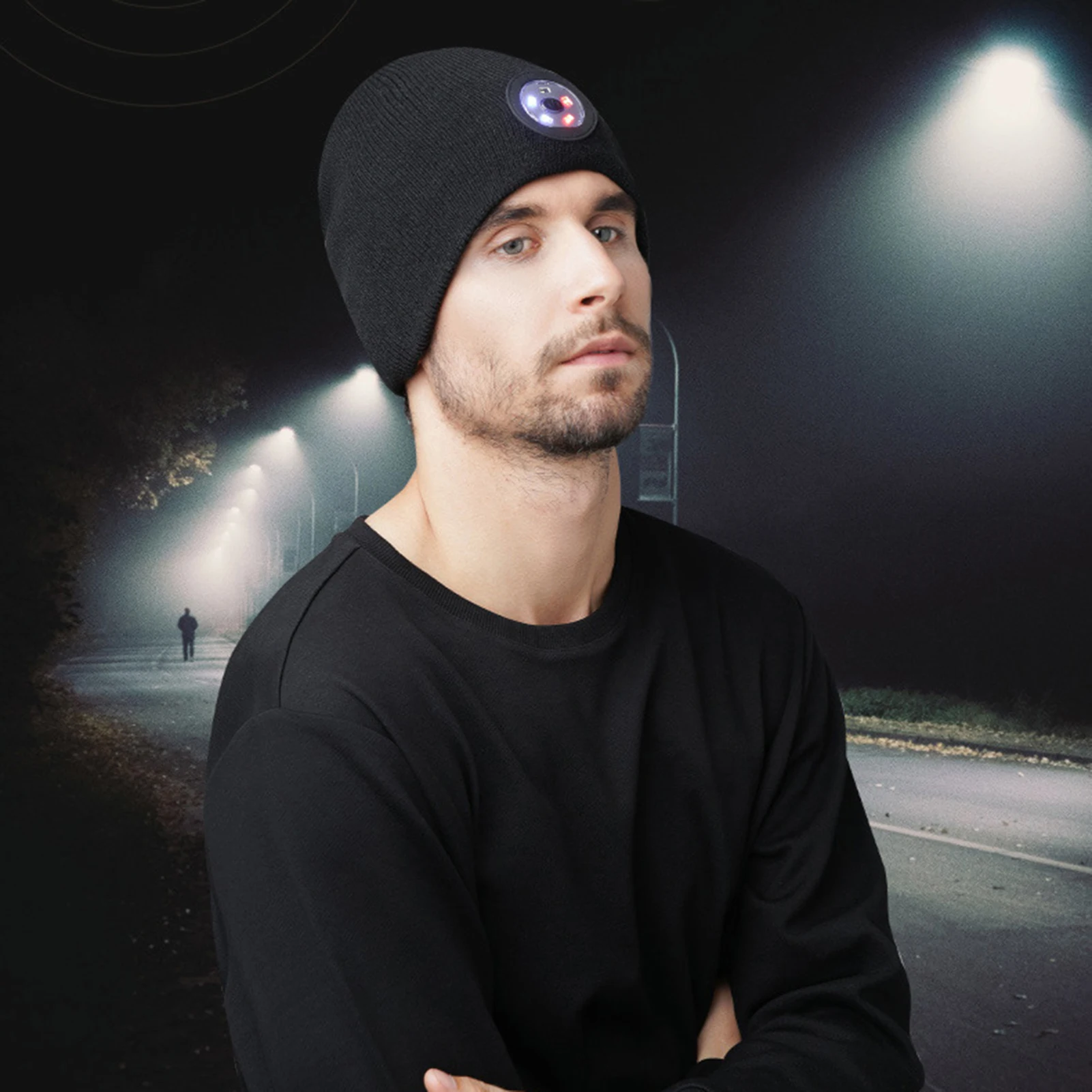 قبعة محبوكة سوداء للجري الليلي وركوب الدراجات مع ضوء LED للجنسين قبعة حرارية شتوية للمصابيح الأمامية للعمل في الهواء الطلق