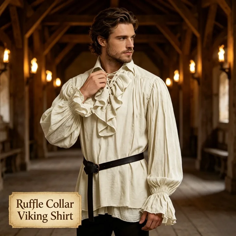 New 2026 Medieval Men Retro Performance Top Lace Up Puff Sleeve Christmas Easter Shirt