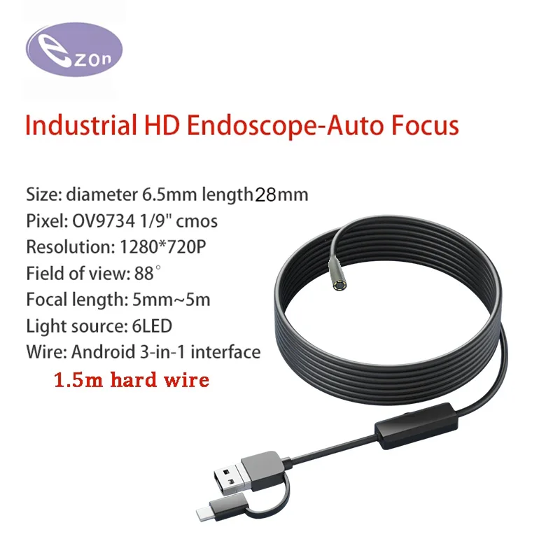 

1MP USB Auto Focus Endoscope Diameter 6.5mm FOV88゜ IP67 Waterproof 1.5mhard wire Industrial Endoscope