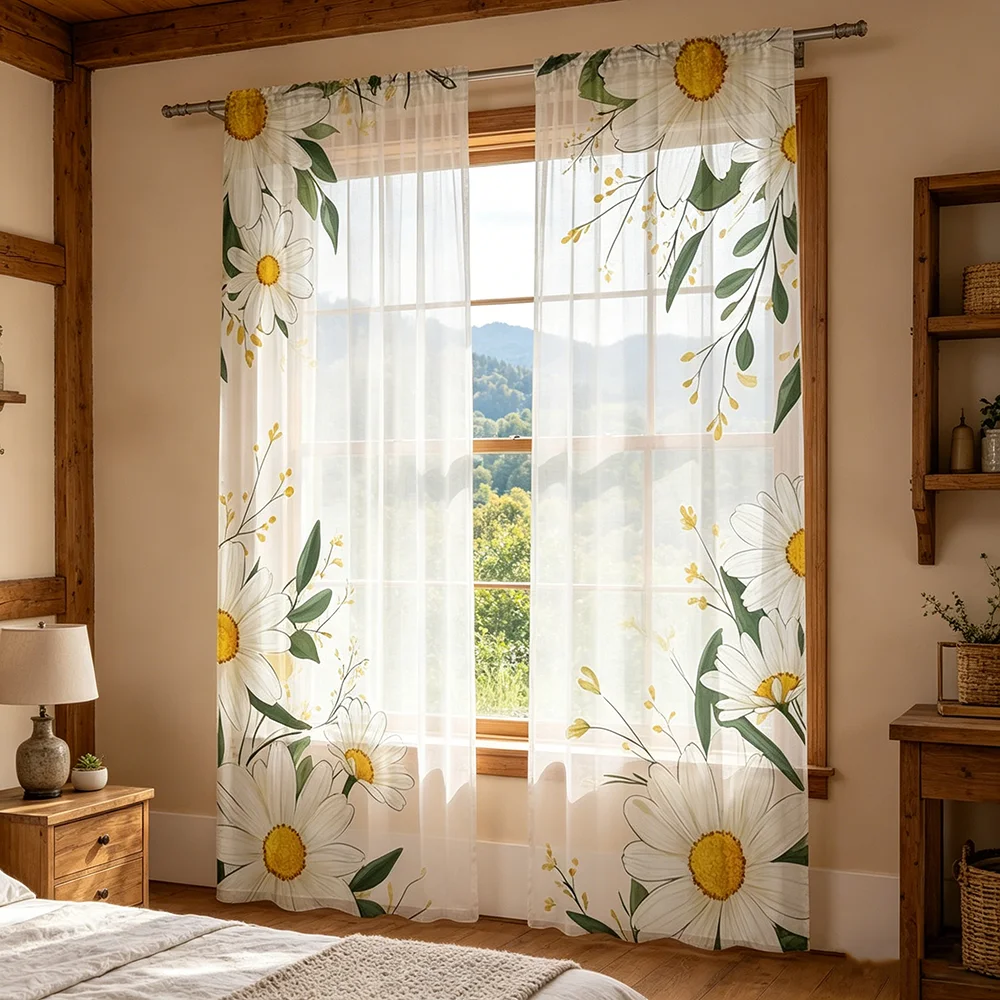 2PCS Digital Printed Sheer Curtain, Daisy Floral Border Print, Charming Vintage Rustic for Living Room Bedroom Home Decor