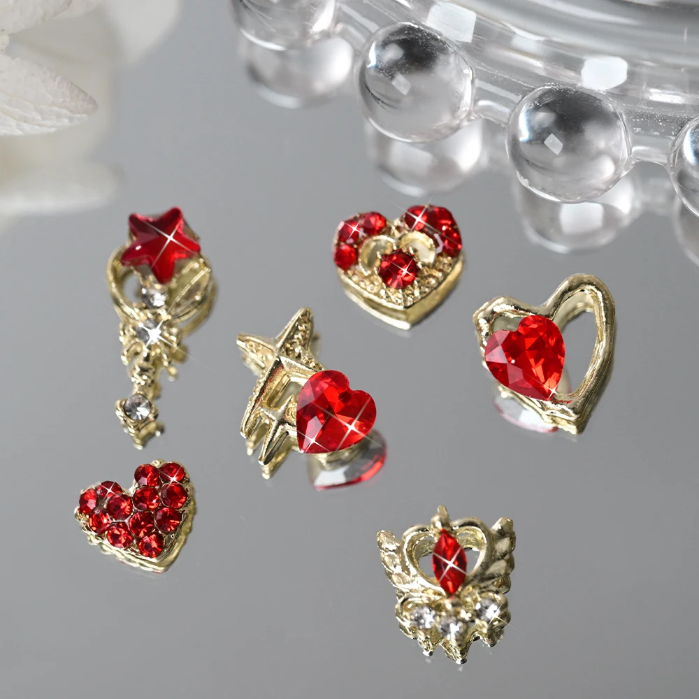 30Pcs/set Boxed Red Star Diamond Nail Charms Golden Hollowed-Out Alloy Nail Art Decoration Red Diamond Love Heart Nail Jewelry
