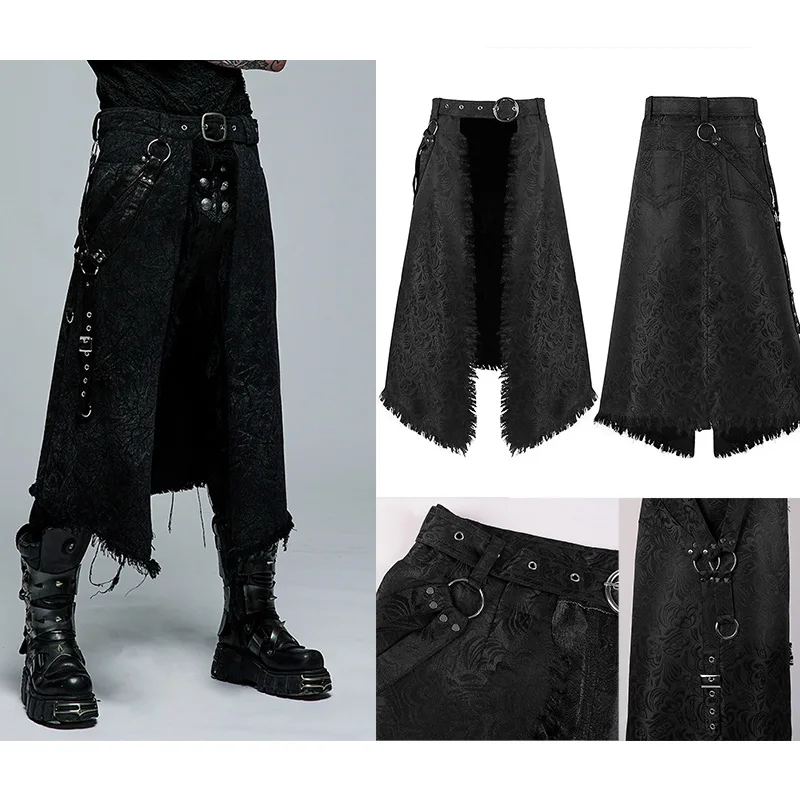 Punk Pleated Skirt Cosplay Gothic Leather Belt Medieval Roman Warrior Kilt Metal Chian Asymmetry Halloween Costume For Men\'s