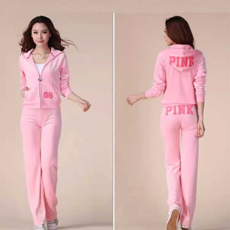 

New 2024 PINK Velvet Tracksuit Two Piece Set Women's Tracksuit Hoodies With Letter and Velour Fashion Tracksuit For Women Outfit