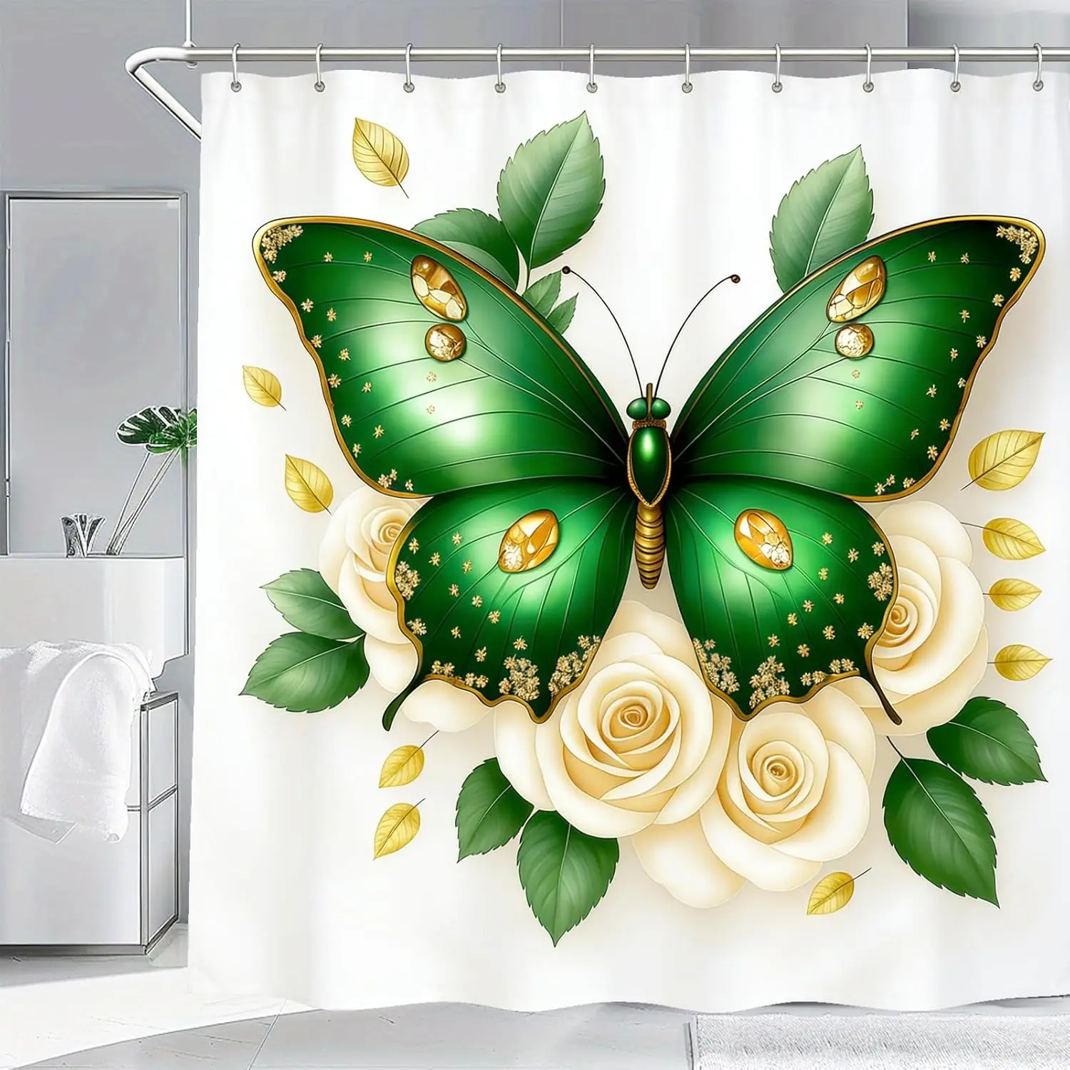 

Green Butterfly and White Roses Shower Curtain with Gold Accents and Leafy Vines Elegant Floral Design for Bathroom Decor