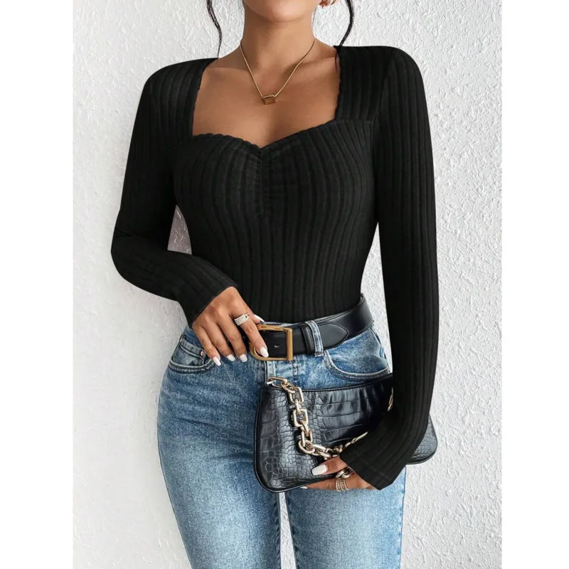 Black Knitted Long Sleeved Sweater For Women Autumn Sexy Low Cut Slim Fit Square Neck Top Casual Versatile Spicy Girl Pullover