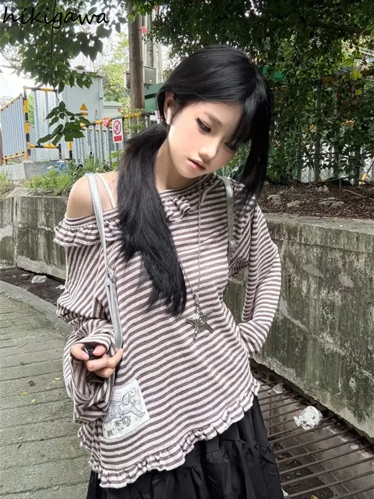 

Women's Clothing 2025 Striped T Shirts Long Sleeve Off Shoulder Tees Fashion Korean Camisetas Striped Ruffles Loose Y2k T-shirt