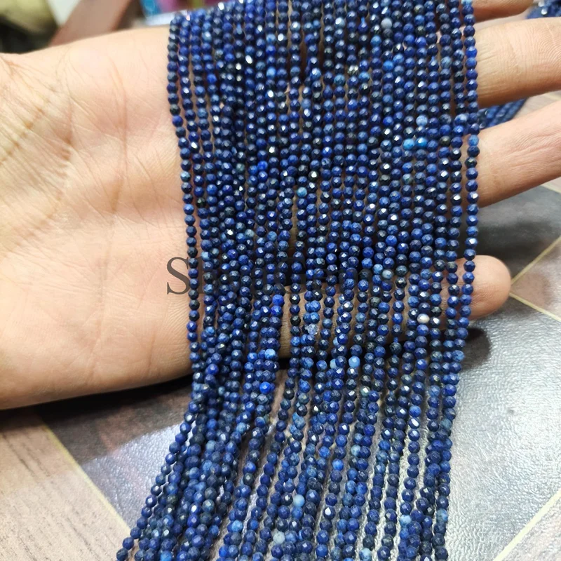 Lapis Lazuli Necklace 2mm Round Beads, Dainty Blue Gemstone Jewelry, Minimalist
