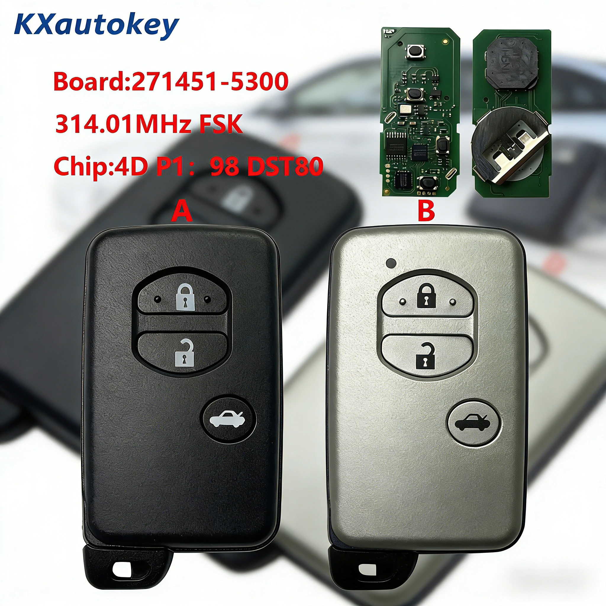 

Универсальный смарт-ключ KXK007059 для Toyota 86 WISH Board-271451-5300, 3 кнопки, чип-4D P1 98 DST80, полный комплект.