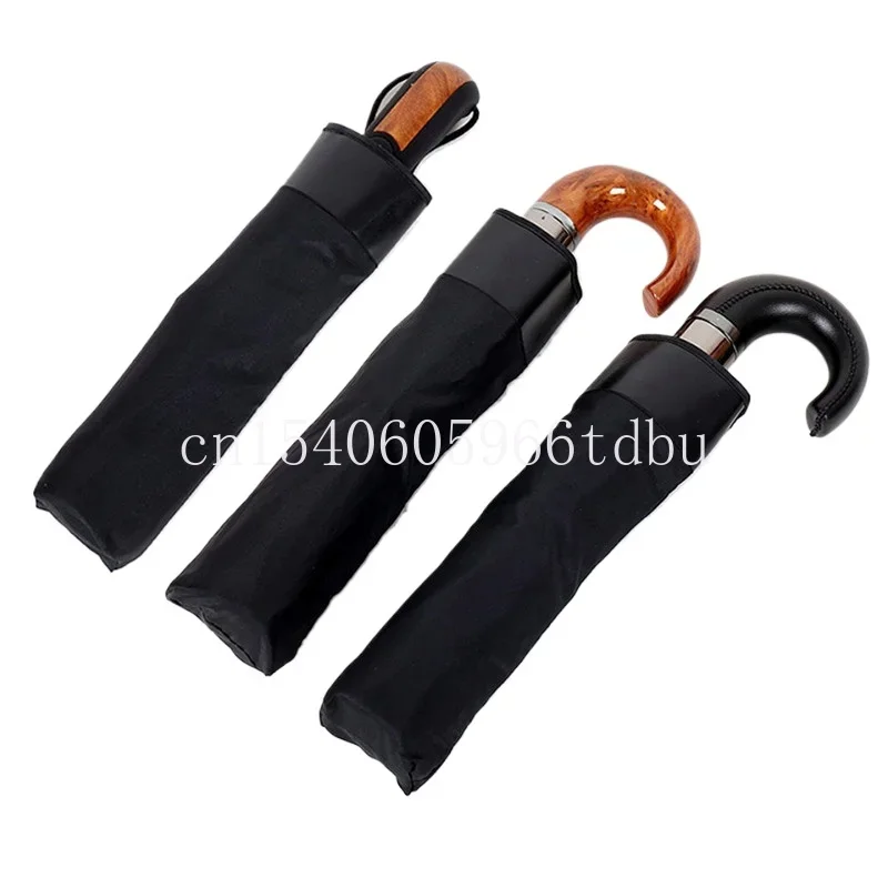 Automatic elephant umbrella, leather imitation wooden handle, ten bones, pure black, automatic three-folding umbrella