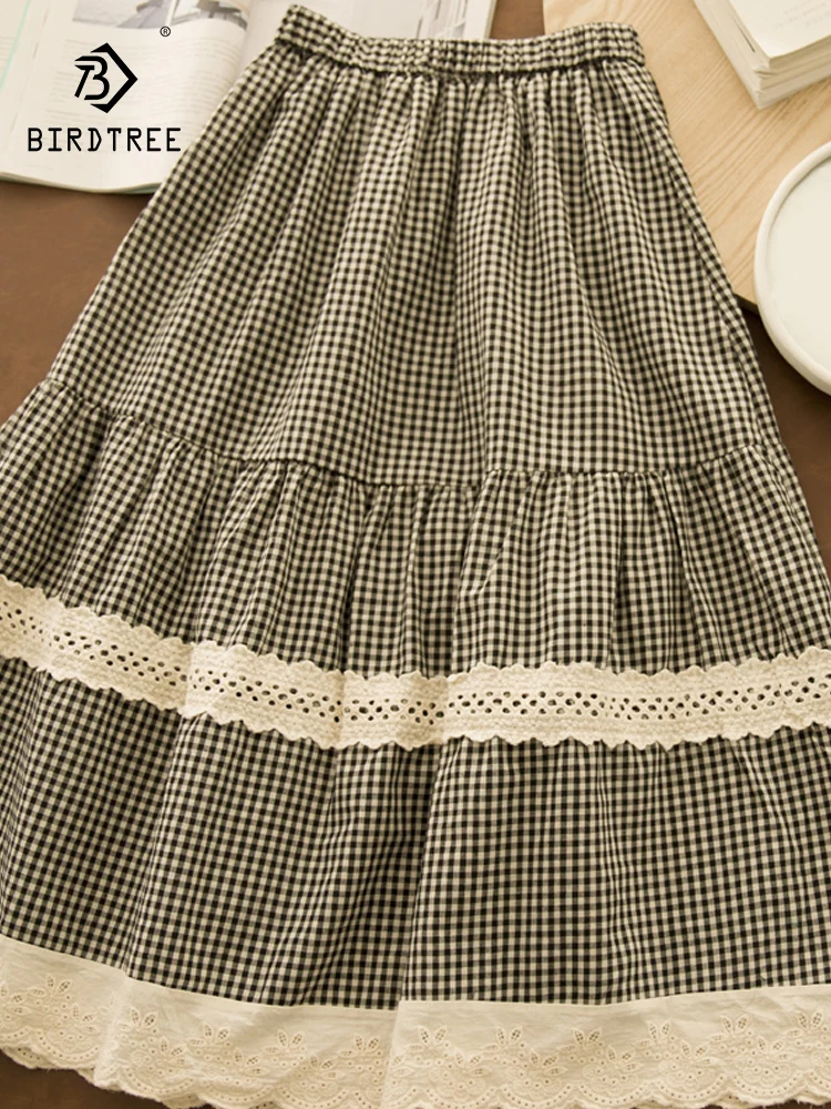 

New 2025 Summer Cotton Skirt, Women Elastic Waist Plaid Lace Patchwork, Mori Girl French Retro Sweet Loose Cake Skirt B57457CC