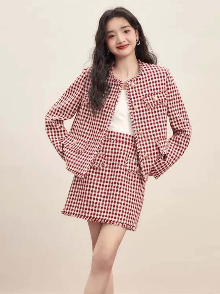 

2023 New Spring Autumn Women Small Fragrant Wind Set High Waist Mini Bust Skirt+Long Sleeves Plaid Top Women Sweet Two Piece Set