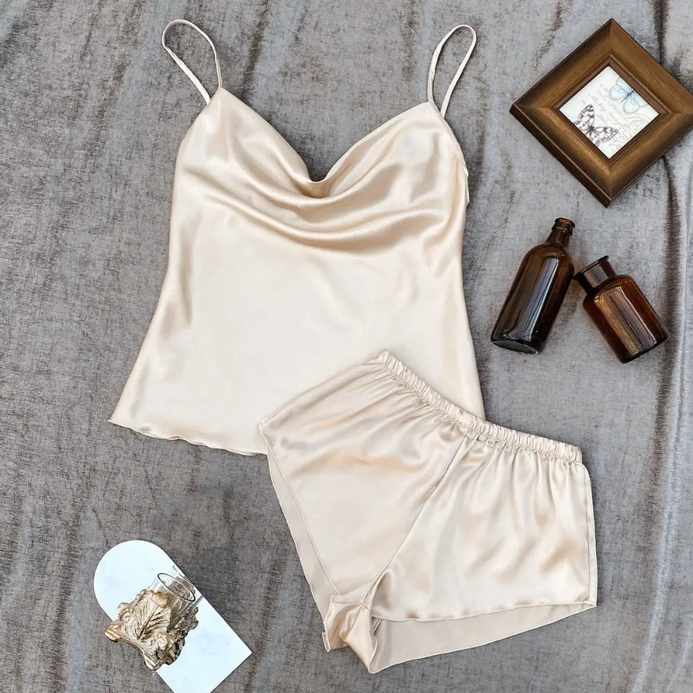

Sweet Sleeveless Sling Satin Silk Pajamas Ice Silk Loose Two Piece Nightwear Home Clothes V-neck Camisole Shorts Nightdress Home
