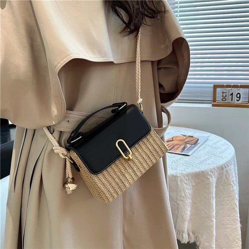 Summer Grass Woven Women\'s Shoulder Bag New Japanese Weaving Rope Crossbodybag Designer Buckle Open Shoulder Bag