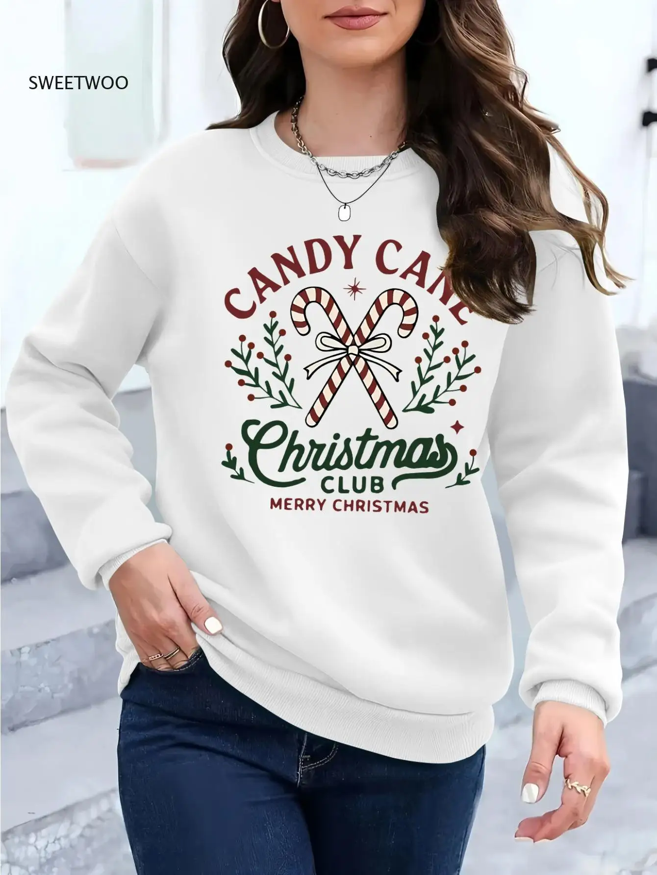 

Women's Christmas Sweater,oversized Holiday Sweater with Candy Cane Club Lettering,dark Green,red Print,everyday Winter Outfits