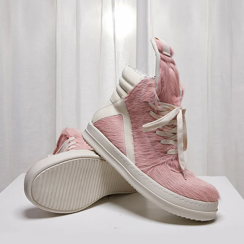 High Street Brand Pink Horsehair Sneaker Men Lace-up Thick Soled High Top Round Toe Women Shoes