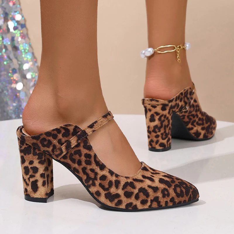 ليوبارد حذاء نسائي بكعب عالٍ النعال مثير أشار تو الصنادل أحذية الصيف 2025 أحذية الحفلات مكتنزة Slingback الشرائح Mujer الوجه بالتخبط #4