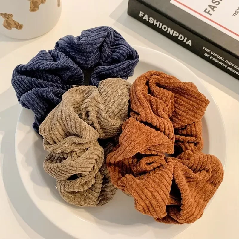 Vintage Color Winter Faux Warm Corduroy Hair Scrunchies Elastic Hair Band For Woman Girls Ponytail Holder