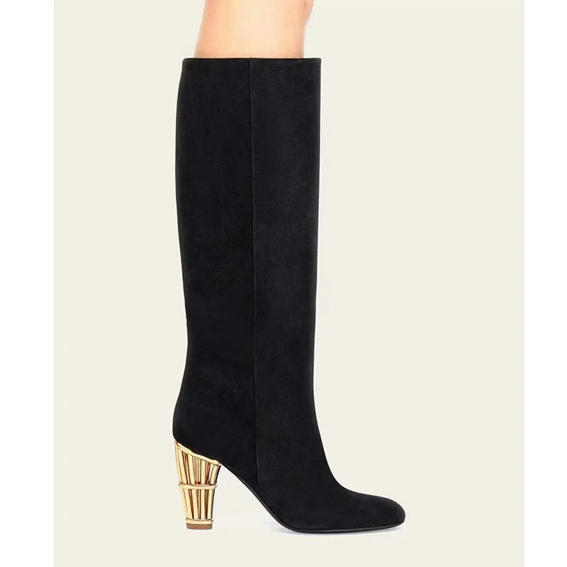 

Round-Toe Simple Black Knee-High Boots Shaped-Heel Autumn/winter Fashion Botines Suede Slip-On High-Calf Botines Femininas