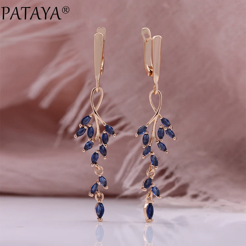 PATAYA Hot Long Leaf Drop Earrings for Women 585 Rose Gold Color With Shiny Blue Natural Zircon Accessories Vintage Daily Fine