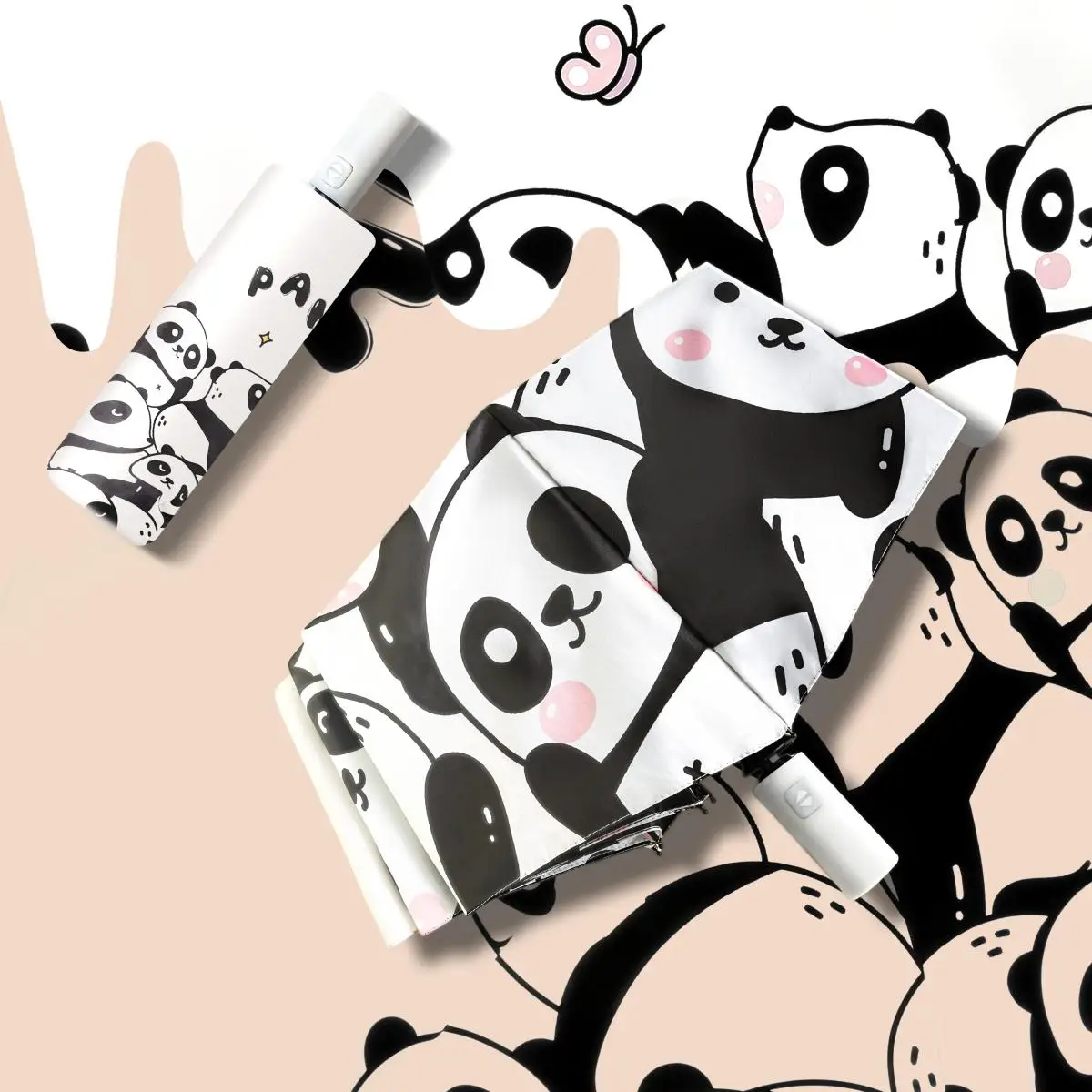 Women's Multi-Functional Panda Print Umbrella UV Resistant Three-Fold Sunshade & Rain Protection Fashionable Outdoor Accessory