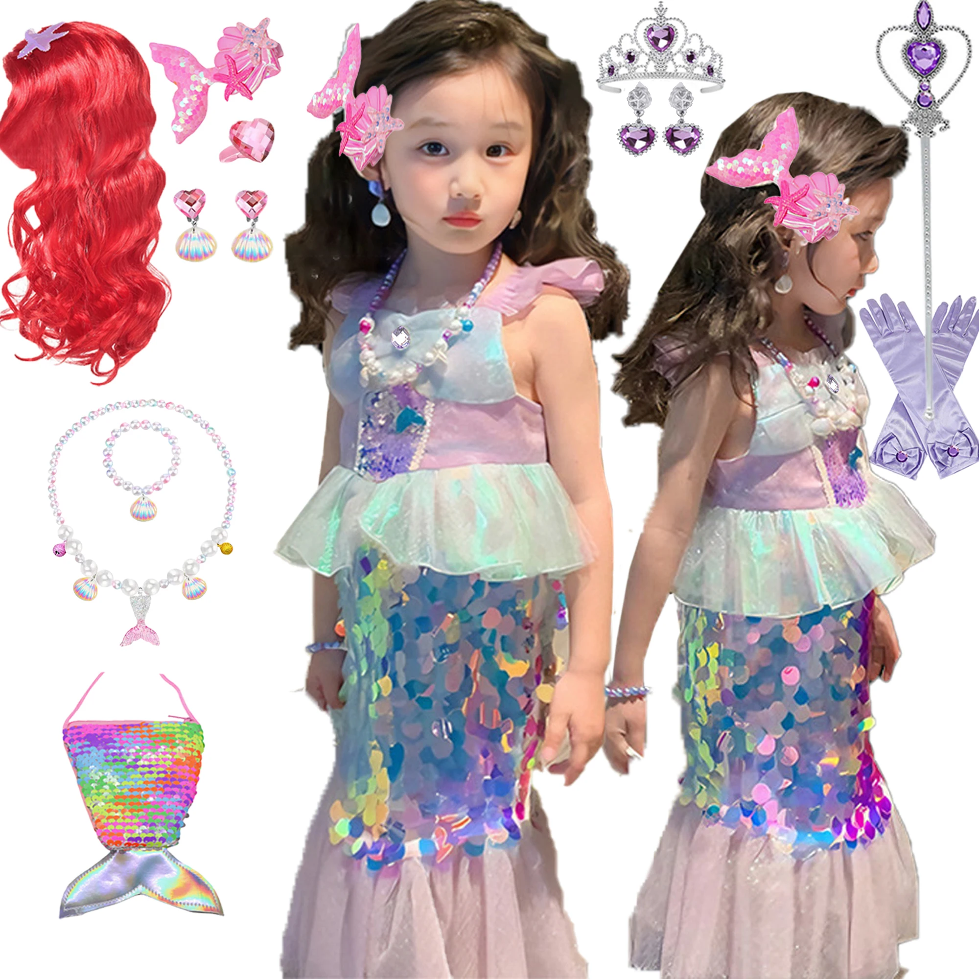 Little Mermaid Ariel Dress for Girl Princess Costumes Carnival Cosplay Birthday Party Dress for Kids Halloween Mermaids Clothing