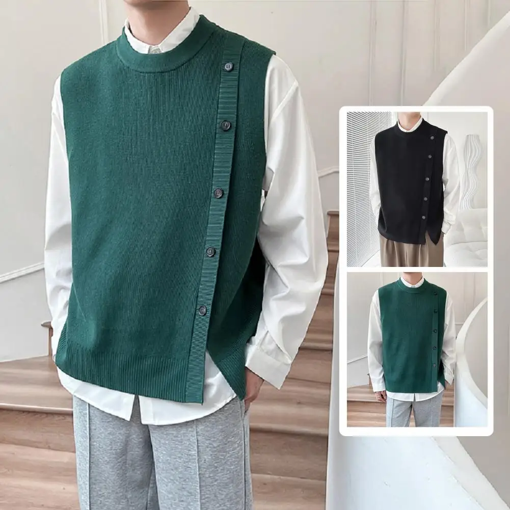 

Men Vest Men's Fall Winter Sweater Vest Single-breasted Knitted Cardigan with Elastic Solid Color Soft Round Neck for Men