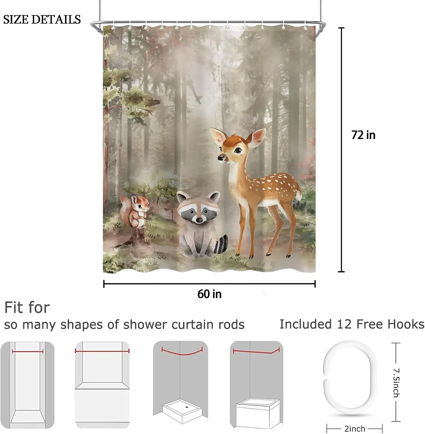 Forest Woodland Animal Shower Curtain Decor Waterproof Bathroom Liner Watercolor Deer Fox Squirrel Nature Scene Jungle Print