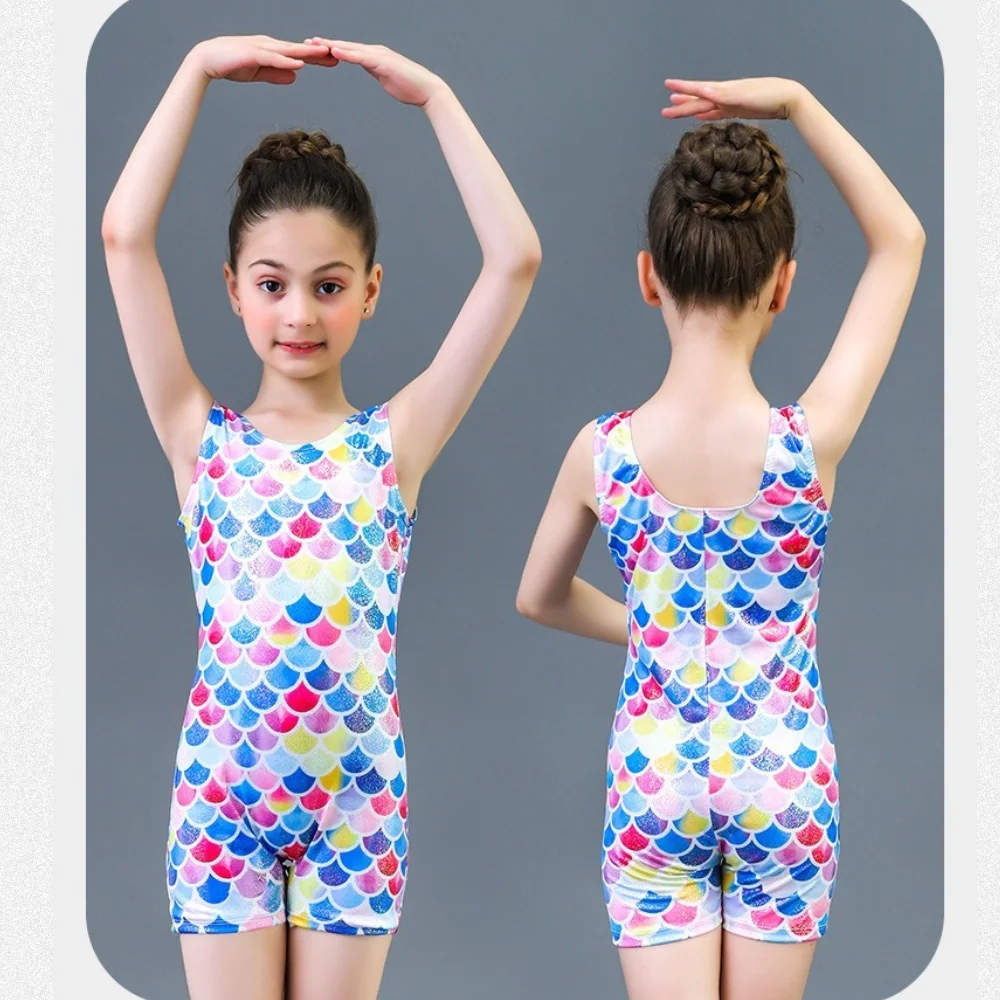 Gymnastik-Trikot für Mädchen mit Fischschuppen-Aufdruck, professioneller Übungsanzug, ärmellos, Ballett-Tanzbekleidung, Body, Performance-Kostüm