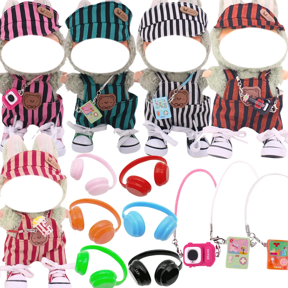 Chapeau rayé + vêtements, vêtements de poupée Cool à la mode, écouteurs, accessoires de poupée d'appareil photo, pour vêtements labubu, poupée en peluche de 17CM, cadeaux pour filles
